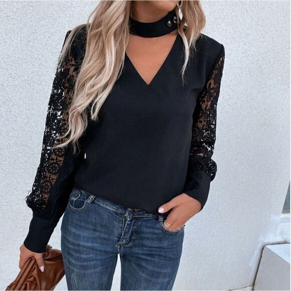 Women’s Black Contrast Lace Sleeve Keyhole Neck Blouse Halter Top Size Small - Picture 4 of 5